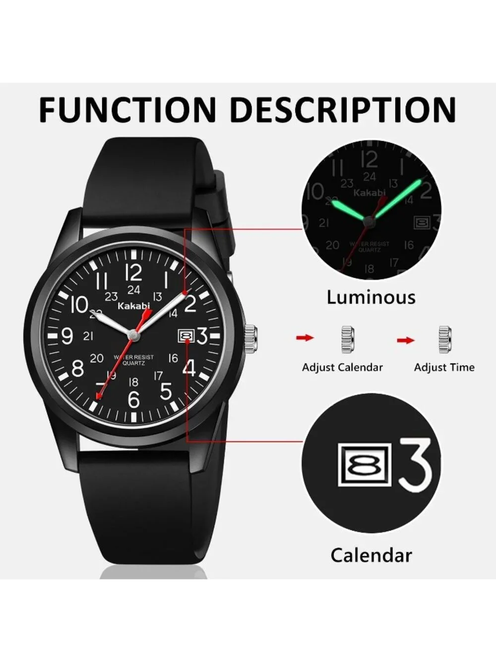 Men's All Black Comfortable Silicone Strap Unisex Military Analog Casual Watch